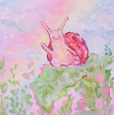 a painting of a rabbit sitting on top of a hill with flowers in the foreground