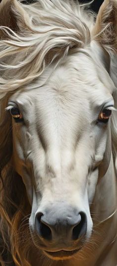 a white horse with long blonde hair is looking at the camera while it's close up