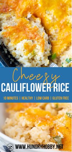 cheesy cauliflower rice in a casserole dish with text overlay