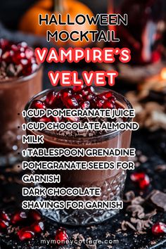 halloween cocktail recipe with chocolate pudding and cranberry toppings for vampire's velvet