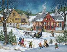 a painting of children playing in the snow with a sleigh and horse drawn carriage