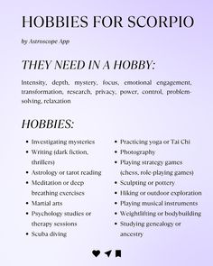 an ad for hobbies for scorpio, which includes information about hobies