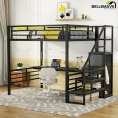 bunk bed with desk underneath and stairs to the top, next to a rug in front of it