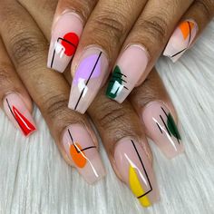 • The Nail Nest • on Instagram: "❤️💛💚🧡 - • Apres Gelx - By Master Artist, Pin - × Using @apresnailofficial Shape: Coffin Medium - × [Disclaimer: We do not claim that all of our designs are 100% ours. Please tag original artist in comment if applied 🖤] . [ www.nailnestatl.com ] . . #colorfulnails #coffinnails #blacknails #geometricnails #naildesign #nailitmag #nailjunkie #nailaddict #nails #atlnailtech #atlnails #atlnailsalon #atlantanailsalon #atlnailart #northatlanta #nailsofinstagram #inst Linear Nail Designs, Nails Design Square, Shapes Nails, Girl Nails, Design Square, Girls Nails, Pedicures, Coffin Nails Designs