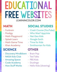 a rainbow poster with the words educational free web sites and other activities to teach kids