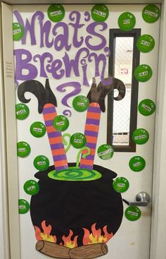 a door decorated to look like a witches brew