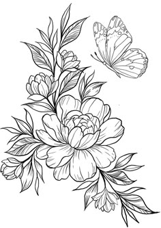 a black and white drawing of flowers with butterflies