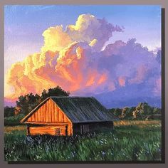 an oil painting of a barn in the middle of a field with clouds above it