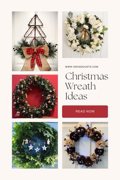 christmas wreaths are displayed in four different styles and colors, including red, white, green