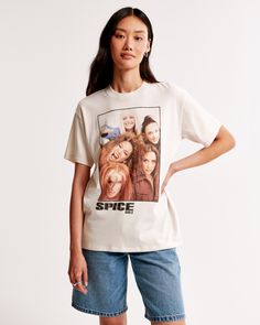 On-trend short-sleeve tee in an oversized-fit silhouette and our softAF fabric, featuring Spice Girls-inspired graphic detail at chest and back, crew neckline and straight hem. Iconic Girl, Female Features, Oversized Graphic Tee, Girls Graphic Tee, Girls Tees, T Shirt Oversized, Spice Girls, Girl Bands, Graphic Tees Women