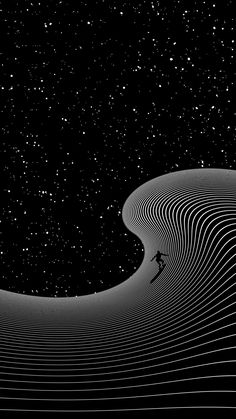 an abstract black and white image with stars in the sky over a wavy wave pattern