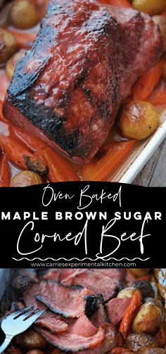 a close up of a plate of food with meat and vegetables on it, next to the words maple brown sugar corned beef