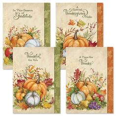 four thanksgiving cards with pumpkins and leaves