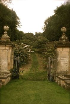 an old cemetery with stone pillars and gates leading into the distance, surrounded by lush green grass