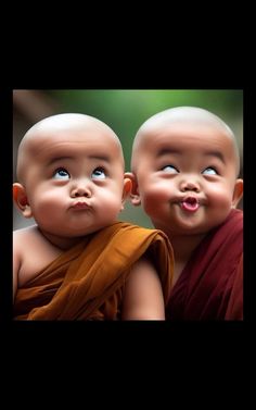 two baby monks with their mouths open and one looking at the camera, both smiling