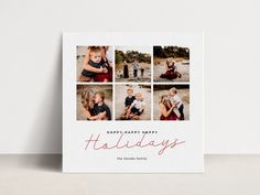 a holiday card with four photos and the words happy happy holidays in red on it