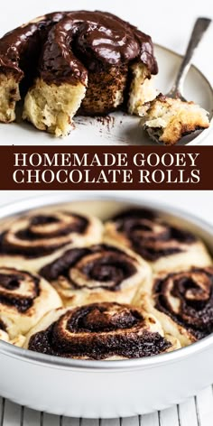 homemade gooey chocolate rolls in a pan with one being eaten and the other is on a plate