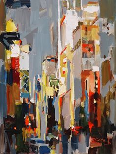 an abstract painting of buildings and cars on a city street