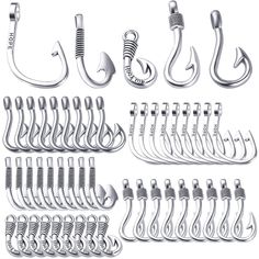 an assortment of different types of fishing hooks and hooks on white background with clipping for text