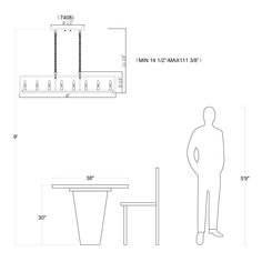 a drawing of a person standing next to a table and chair with the measurements shown