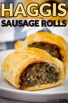 sausage rolls on a plate with text overlay that reads haggis sausage rolls