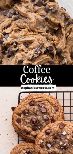 three chocolate chip cookies on a cooling rack with the words coffee cookies in front of them