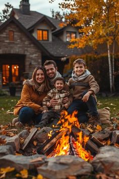 a family sitting around a campfire in front of a house