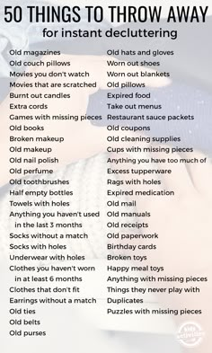 50 things to throw away for instant decluttering Minimalism Challenge, Cleaning Schedules, Declutter Checklist, Decluttering Tips, Cleaning Tricks, Minimalism Lifestyle, House Cleaning Checklist