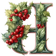 the letter e is decorated with holly leaves and red berries, as well as green leaves