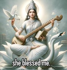 there is a woman sitting on a swan with a guitar in her lap and the caption says she blessed me