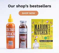 two bottles of marron's kitchen products and a carton of lemonade