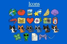 a bunch of different items that are on a blue background with the words icons above them