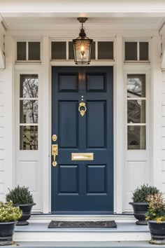 a blue front door with two potted plants on the steps and a light fixture above it