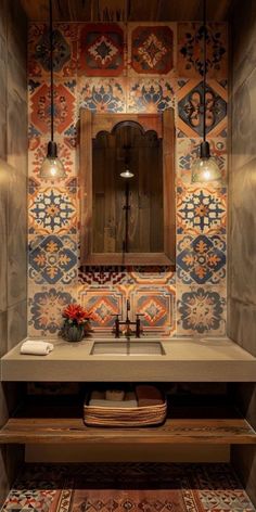 a bathroom with a sink, mirror and rug