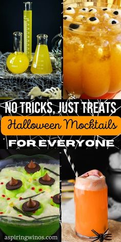 halloween cocktails with text overlay that says no tricks, just treats halloween mocktails for everyone