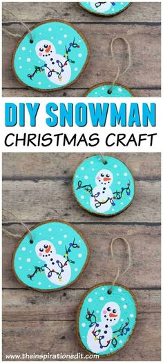 snowman christmas ornament hanging on wood with text overlay that says diy snowman christmas craft