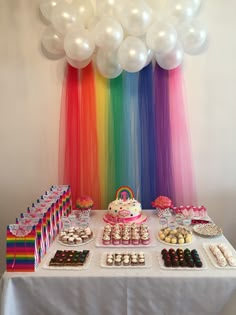 a table topped with lots of cake and desserts next to rainbow colored balloons on the wall