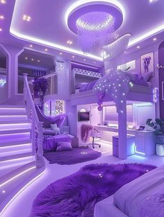 this is a bedroom with purple lighting and white furniture in the room that has stairs leading up to it