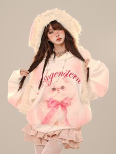 Step into the world of kawaii fashion with our adorable Kitty Bow Hoodie! This charming piece features a cute kitty adorned with a delicate bow, surrounded by playful letter patterns. Crafted for comfort and style, this hoodie is perfect for adding a touch of whimsy to your everyday look.Embrace your inner kawaii with this irresistible addition to your wardrobe!  Please note, the price includes only one hoodie.   	 		 			Size 			S 			M 			L 		 		 			Length 			68 			70 			74 		 		 			Shoulders Pink Kawaii Hoodie Top, Pink Kawaii Hoodie With Letter Print, Spring Kawaii Sweatshirt With Cartoon Print, Spring Kawaii Cartoon Print Sweatshirt, Spring Harajuku Hoodie With Cartoon Print, Pink Kawaii Sweatshirt For Spring, Cute Cotton Sweatshirt With Cat Design, Cute Winter Cat Print Hoodie, Cute Winter Hoodie With Cat Print