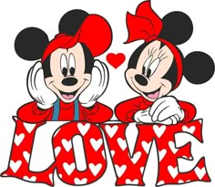 mickey and minnie mouse with the word love