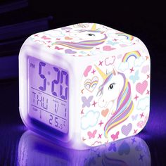 PRICES MAY VARY. ⏰GIRL ALARM CLOCK TO SOLVE THE TROUBLES OF THE JOURNEY - Please remember to remove the insulation film between the two button cells, otherwise the clock will not work.This alarm clock can be powered by 2*AG13 button batteries (included) for alarm, date, temperature and time display, 9 kinds of glowing night lights need powered by USB charging cable or 4 AAA carbon batteries (not included), so you can take it anyway in the bedroom, kitchen, office or carry-on travel. ⏰UNICORN GIR Unicorn Clock, Cartoon Clock, Unicorn Room Decor, Unicorn Room, Kids Alarm Clock, Bedside Clock, Clock Gift, Alarm Clocks, Unicorn Pattern