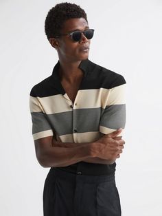 Reiss Black Seville Striped Cuban Collar Button Through T-Shirt Afro Styles, Black Palette, Afro Style, Of Model, Black Trousers, Men Shirt Style