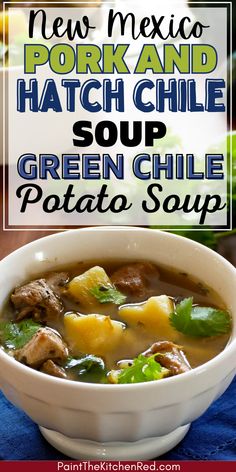 White bowl of pork and potatoes in broth with cilantro and text "how to make pork & chile soup". Pork Stew Instant Pot, New Mexico Green Chili Stew, Pulled Pork Soup, Green Chili Pork Stew, Pork And Potatoes