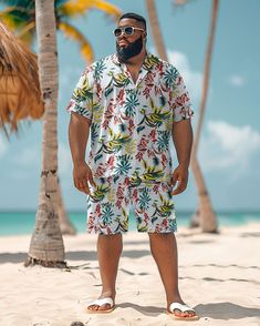 This Hawaiian Shirt Shorts Set is suitable for all kinds of casual occasions, such as vacations, beach parties, summer picnics and so on. You can pair it with a pair of sandals or sneakers for a trendy look. Whether you are on vacation or in daily life, this set will bring you a comfortable and stylish wearing experience. Casual suit: Casual men's short-sleeved shirt suit focuses more on comfort and leisure. It usually consists of a light, short-sleeved shirt worn with jeans or slacks. This set White Beachwear Shorts For Beach Season, Casual Hawaiian Shirt For Beach, Casual Swimwear With Palm Tree Print For Vacation, Casual Tropical Print Swimwear For Vacation, Casual Relaxed Fit Swimwear For Beach, White Beach Shorts For Warm Weather, Casual Swimwear For Summer Beach Season, Casual Summer Vacation Swimwear, Casual Summer Beach Swimwear