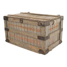 an old wooden crate with writing on the lid and sides, sitting upright against a white background