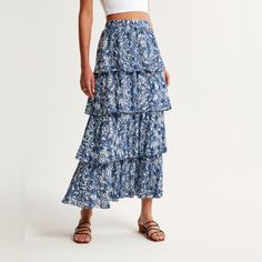 Abercrombie & Fitch Tiered Maxi Skirt In A Lovely Blue And White Pattern. Brand New, Waiting To Be Your Next Summer Staple Size S Cute Long Skirts, Maxi Skirt Winter, Blue Maxi Skirt, Blue And White Pattern, Modesty Outfits, Tiered Maxi Skirt, Womens Maxi Skirts, Women's Bottoms, American Clothing