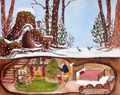 a painting of a christmas scene with presents in the foreground and a snow covered forest on the far side