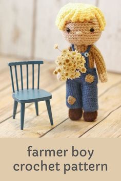 a crocheted doll next to a miniature chair and table with a small toy on it