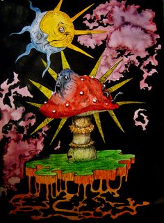 an artistic painting with sun, fish and mushroom in the sky on black paper background