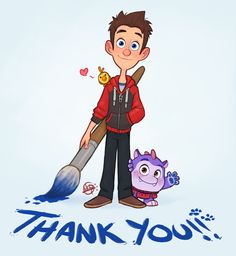 a cartoon character holding a brush with the words thank you